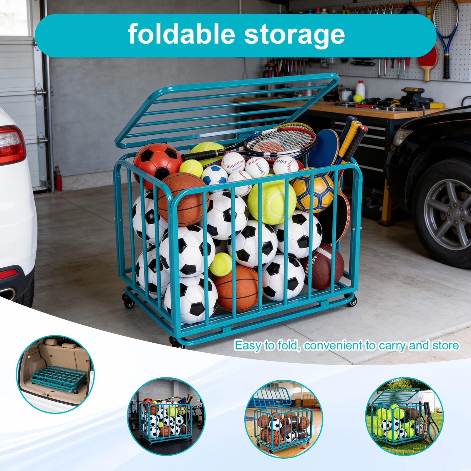 

Folding Sports Equipment Organizer Storage Basket with Wheels and Lid Rolling Ball Storage Holder Cart for Gymnasium/Clubs