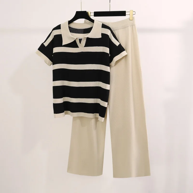 

Women Summer Casual Loose Thin Set POLO Collar Contrast Color Stripes Short Sleeved Knit Pullovers+Elastic Solid Wide Leg Pants