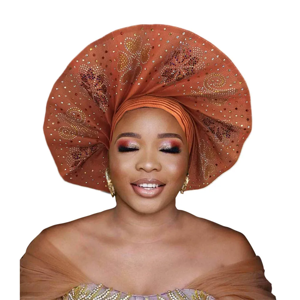 African Auto Gele For Traditional Wedding Nigerial Aso Oke Fan Shap Headwear