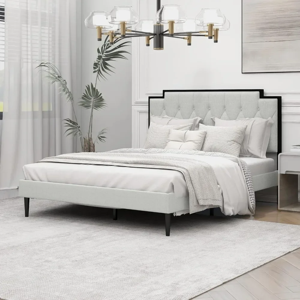 

Upholstered Platform Queen Size Bed Frame with Headboard Premium Stable Wood Slat Support No Box Spring Required Light Grey