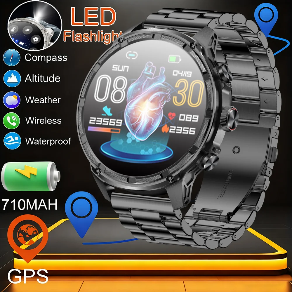 

2025 Новые модные уличные часы 710 мАч с большим аккумулятором, GPS-компас, умные часы, спортивные мужские AMOLED 366*366, NFC, умные часы с пульсометром