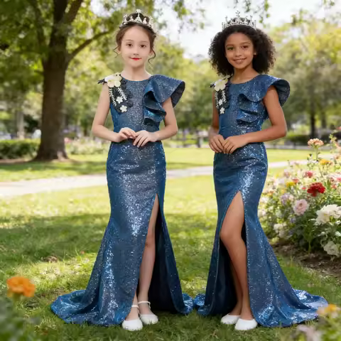 2026 Girls Birthday Mermaid Dress with TrainFormal Party Celebration Evening Princess Gown Eid Kids Clothing Host Performance