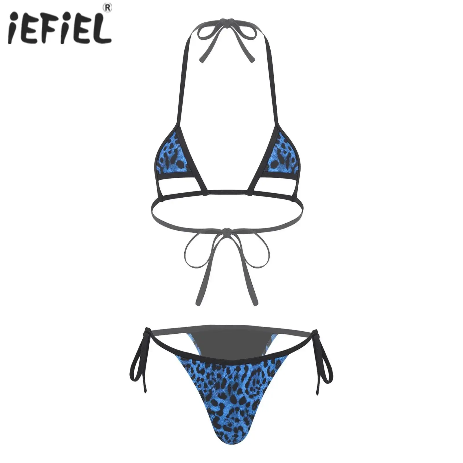 

Women's Swimsuit Tie-up Leopard Swimwear Print Two Piece Mini Micro Bikini Set Halter Triangle Hollow Out Bra Top Thong Bottoms