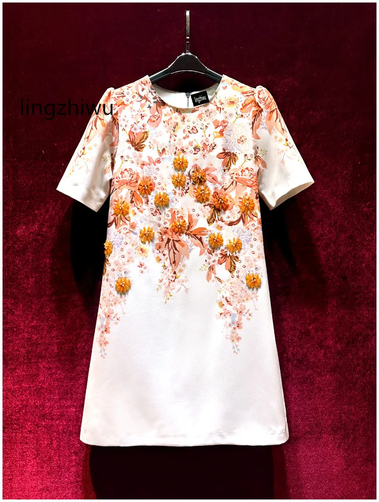 

lingzhiwu Beading Dress Print Handmade Beaded Flower French Ladies Fashion Designer Top Quality Loose Short Sleeve New Arrive