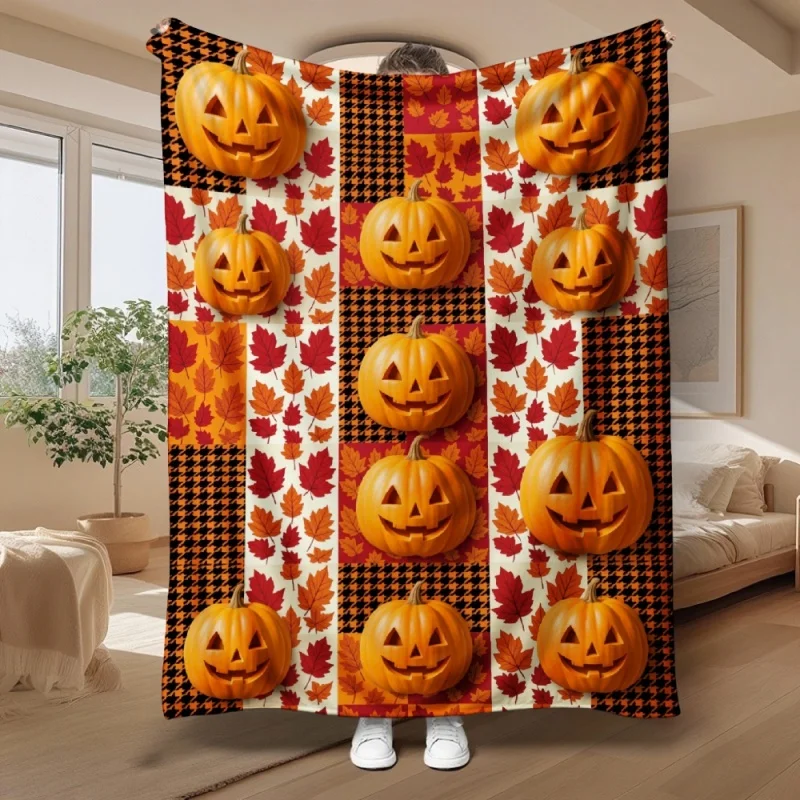 Halloween Jack O Lantern Patchwork Flannel Throw Blanket, Maple Leaf Houndstooth Print Warm Soft Blanket, Holiday Home Decor