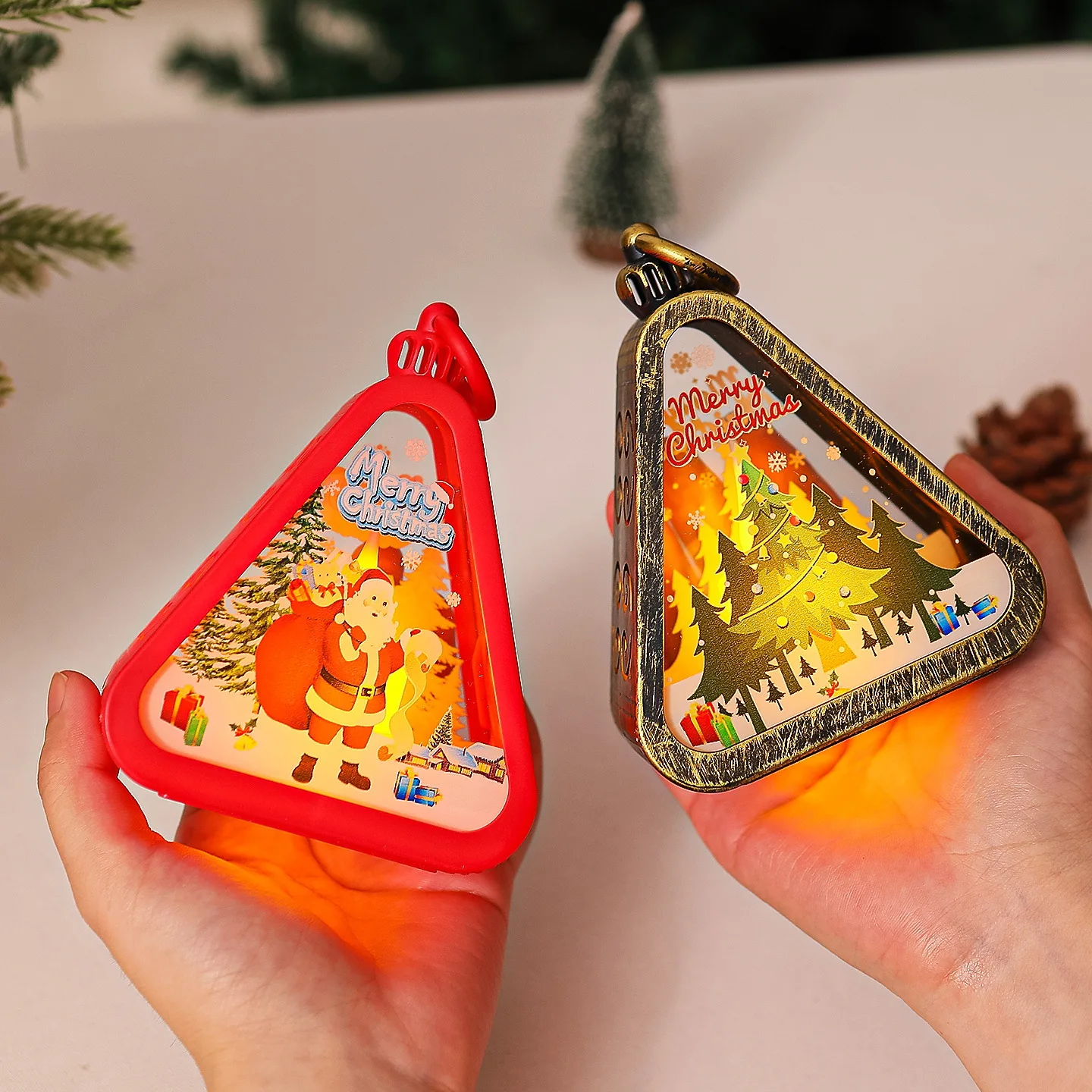 مصغرة عيد الميلاد LED مثلث فانوس سانتا كلوز ثلج مهرجان مصباح داخلي الجدول الحلي مشهد الحفلات الدعائم ديكور المنزل #5