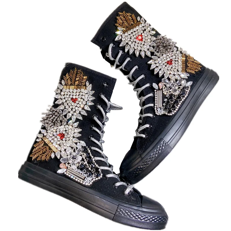 Blacek Cotton Flats Youngers New Autumn Winter High Top Women Shoes Fashionable Rhinestone Crystals Patch Strap Canvas Shoes