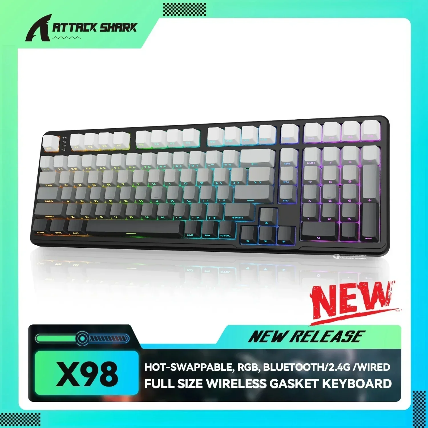 

Беспроводная игровая механическая клавиатура ATTACK SHARK X98 — полноразмерная RGB-клавиатура с возможностью горячей замены, трехрежимная прокладка (BT/2,4G/проводная), 4000 мАч