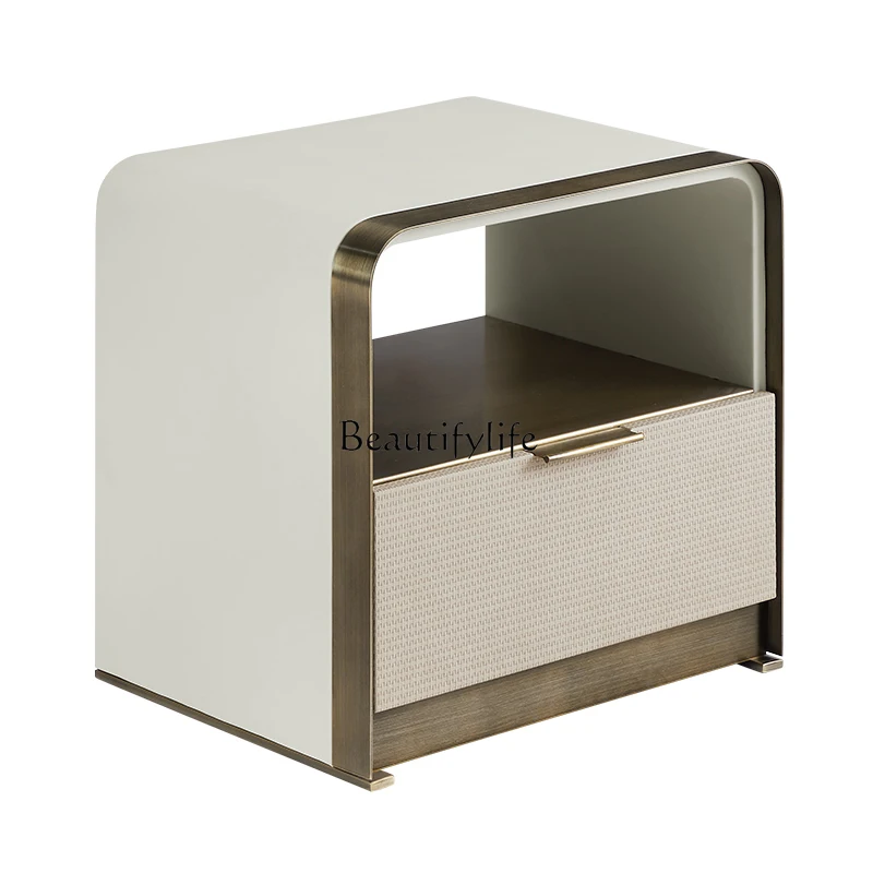 

Italian High-End Bedside Table Light Luxury Modern Simple Leather Stainless Steel Minimalist Bedside Cabinet