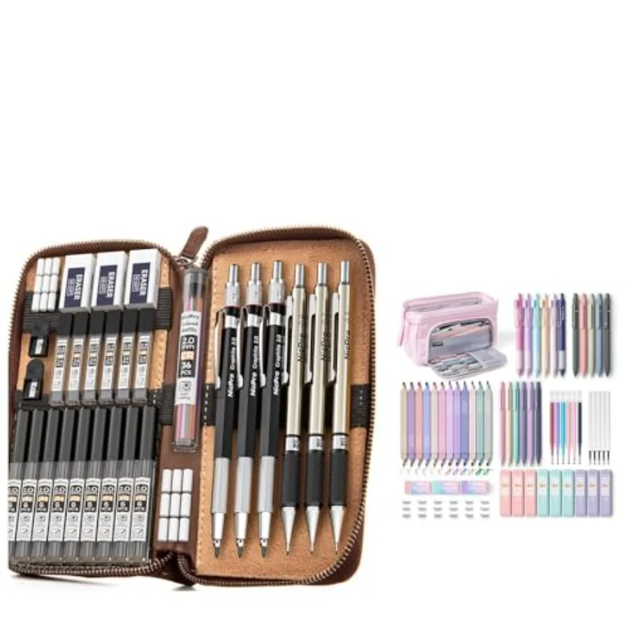 

Набор из 55 предметов эстетичных школьных принадлежностей с 30 механическими карандашами в кожаном футляре