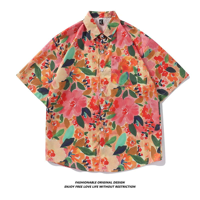 

New Chinese Sle Men's ort Sve irt Loose Fit Summer Trendy Hawaii Floral Print Casual Outerwear Stand Fit Breathable
