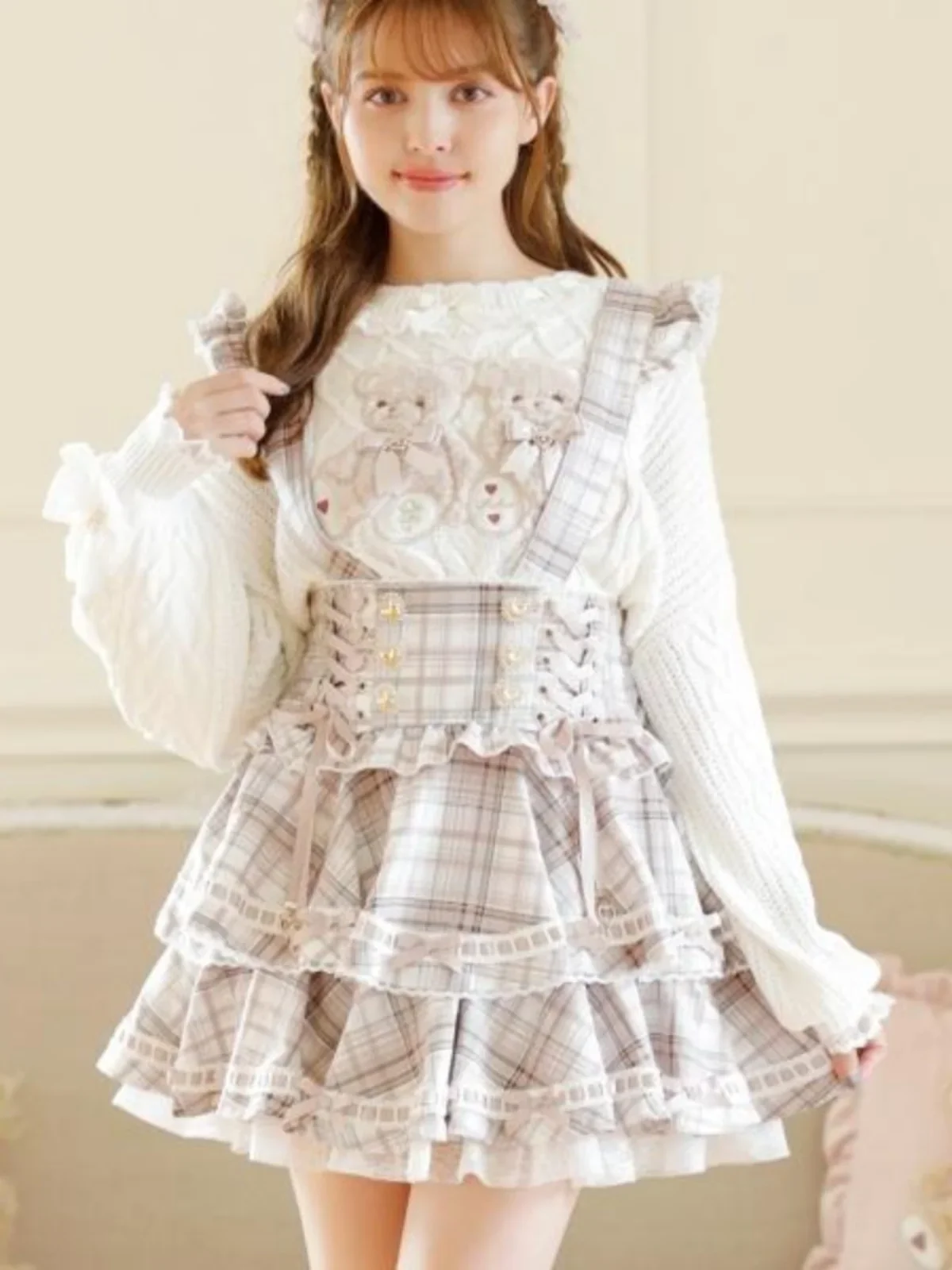 Japanese Casual Skirts Autumn and Winter New Cute Mine Series Mass Production Bow Removable Double-layer Plaid Strap Skirt