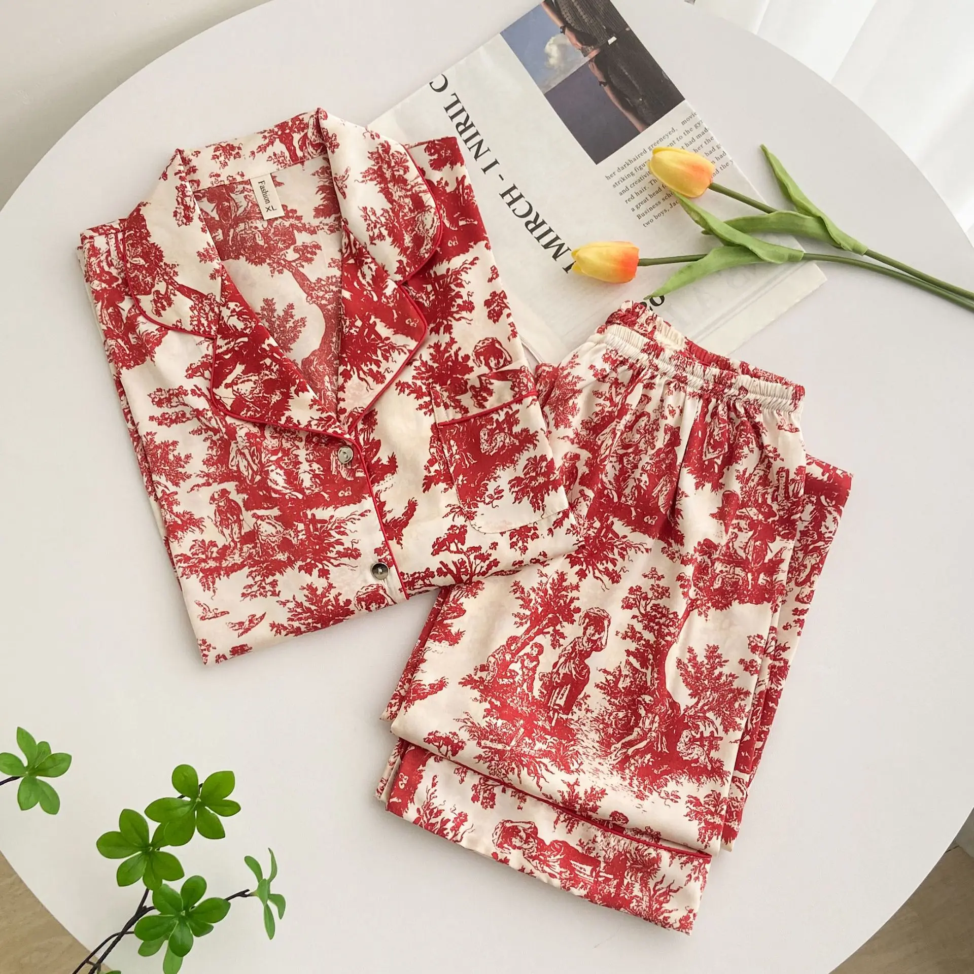 

Female Pajamas Set Loungewear Red Printing Long Sleeve Trouser Suits Sleepwear Loose Satin 2PCS Shirt&pant Home Clothes