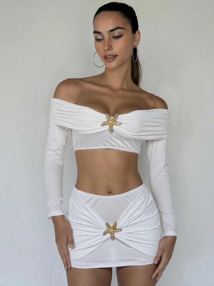 Leosoxs – ensemble 2 pièces en métal avec décoration d'étoile de mer pour femmes, haut court dos nu à col Slash + Mini jupe froncée, costume de Style élégant de rue