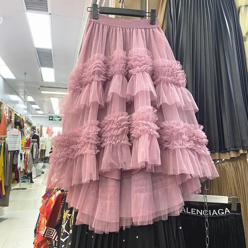 Women Irregular Asymmetrical Tulle Skirt Multi Layer Ruffled Fairy Princess A Line Half Skirt