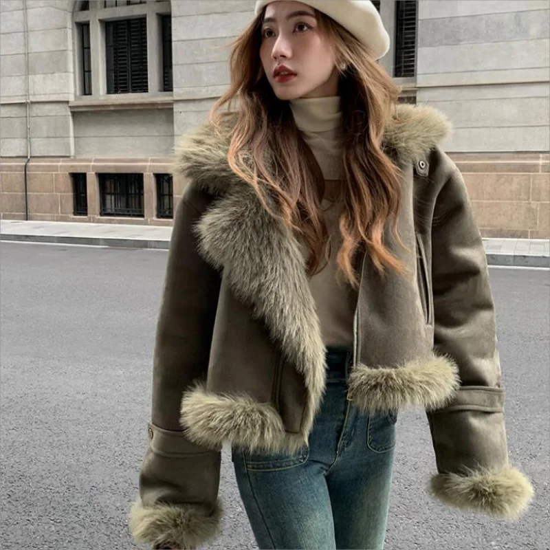 Women\'s Suede Patchwork Short Jacket 2023 Winter Korean Style Long Sleeve Tops Female Solid Thick Warm Coats