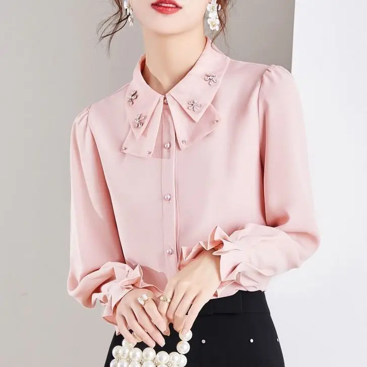 Spring and Autumn Small Shirt with Long Sleeve Collar Chiffon Shirt Top Doll New Style Bow Western Style Female Interior Korean