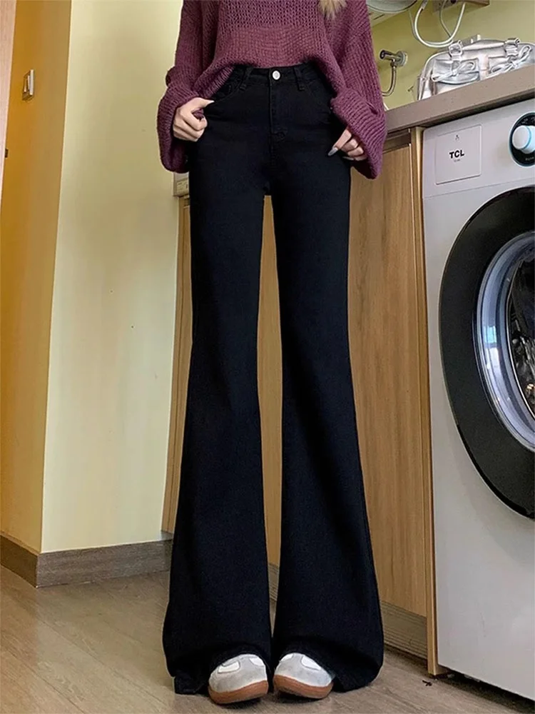 

Расклешенные прямые брюки с высокой талией, эластичные джинсовые джинсы, женские повседневные эластичные утягивающие брюки с вышивкой