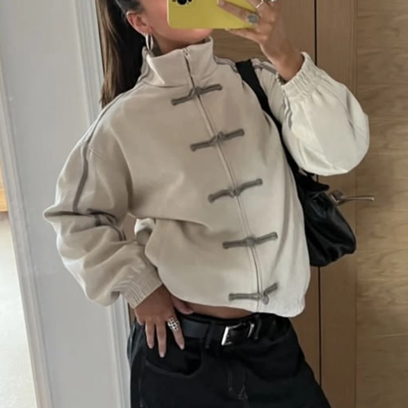 Women's Chinese Style Bomber Jacket Stand Collar Frog Button Zip Up Sweatshirt Loose Fit Y2k Vintage Coat