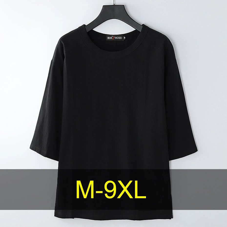 

Summer Linen T-shirts Men Plus Size 9XL Short Sleeve Tshirt Black Solid Color Tops Tees Casual Three-quarters Sleeve Shirts Male
