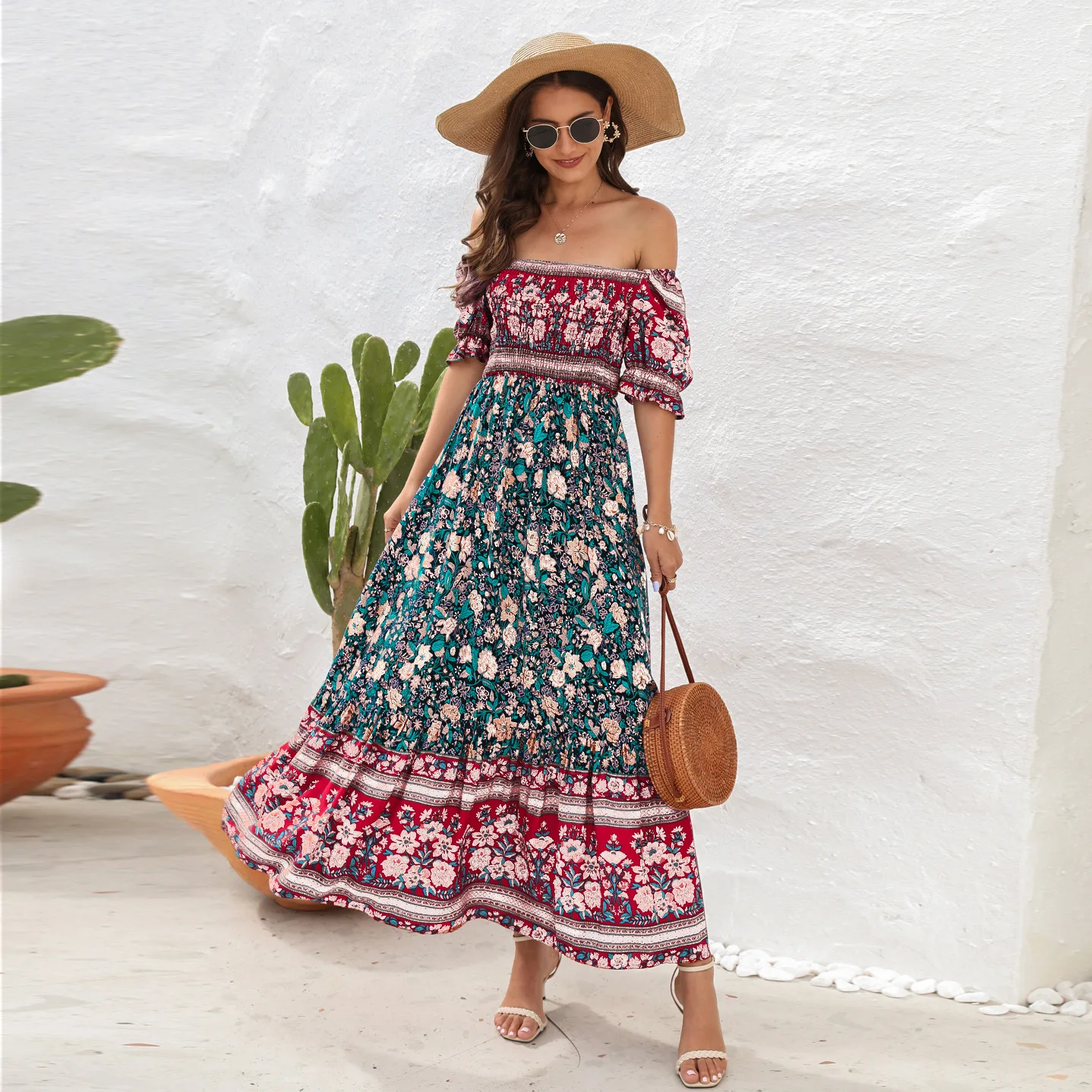 Bohemian Floral Floral Print Short Sleeve Midi Dress Woman Spring Summer Fashion Casual Slash Neck Dresses For Women 2023, kobieta