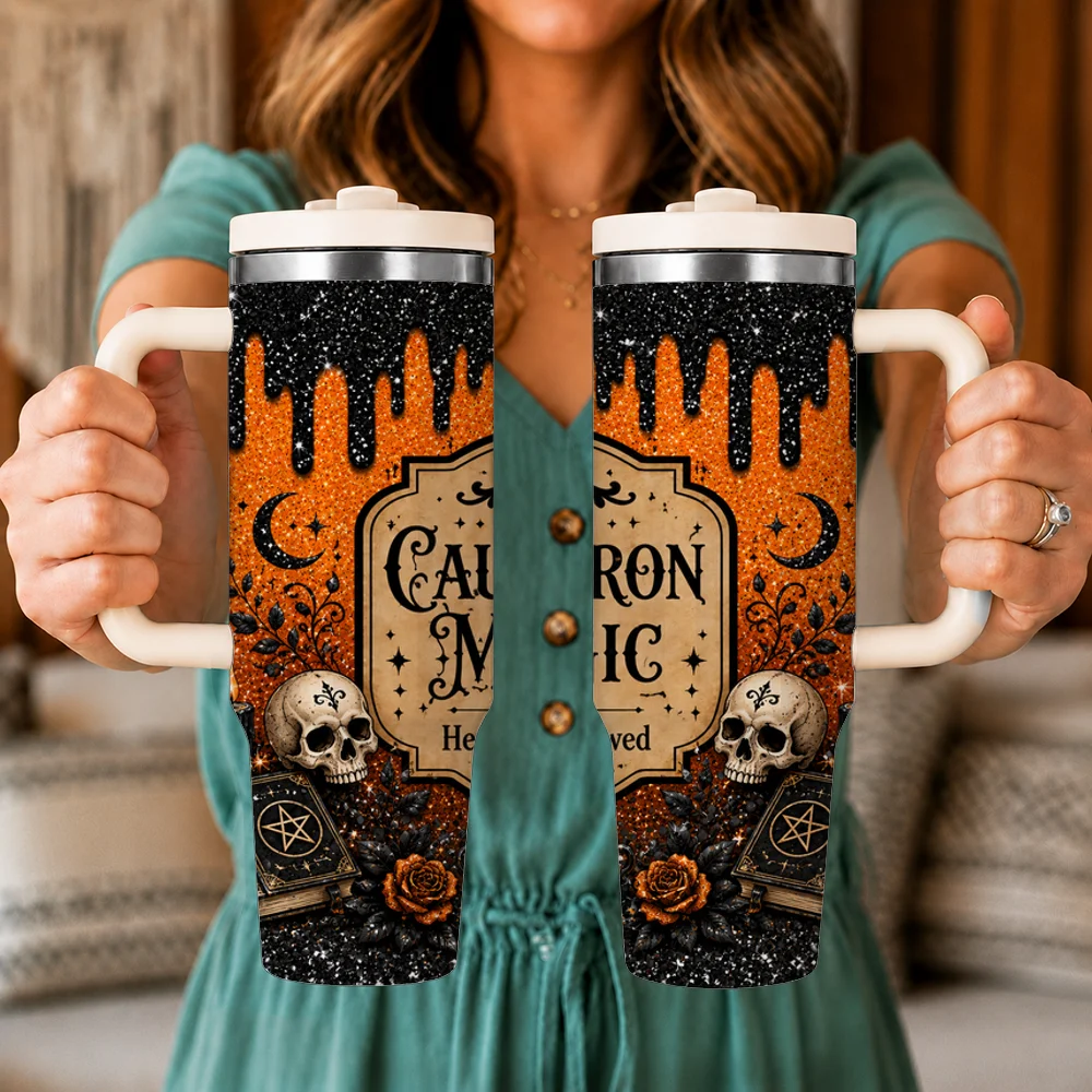 Witches Brew Design Vacuum Flasks 40oz Leakproof Insulated Tumbler with Handle Straw Lid, Stainless Steel Travel Cup