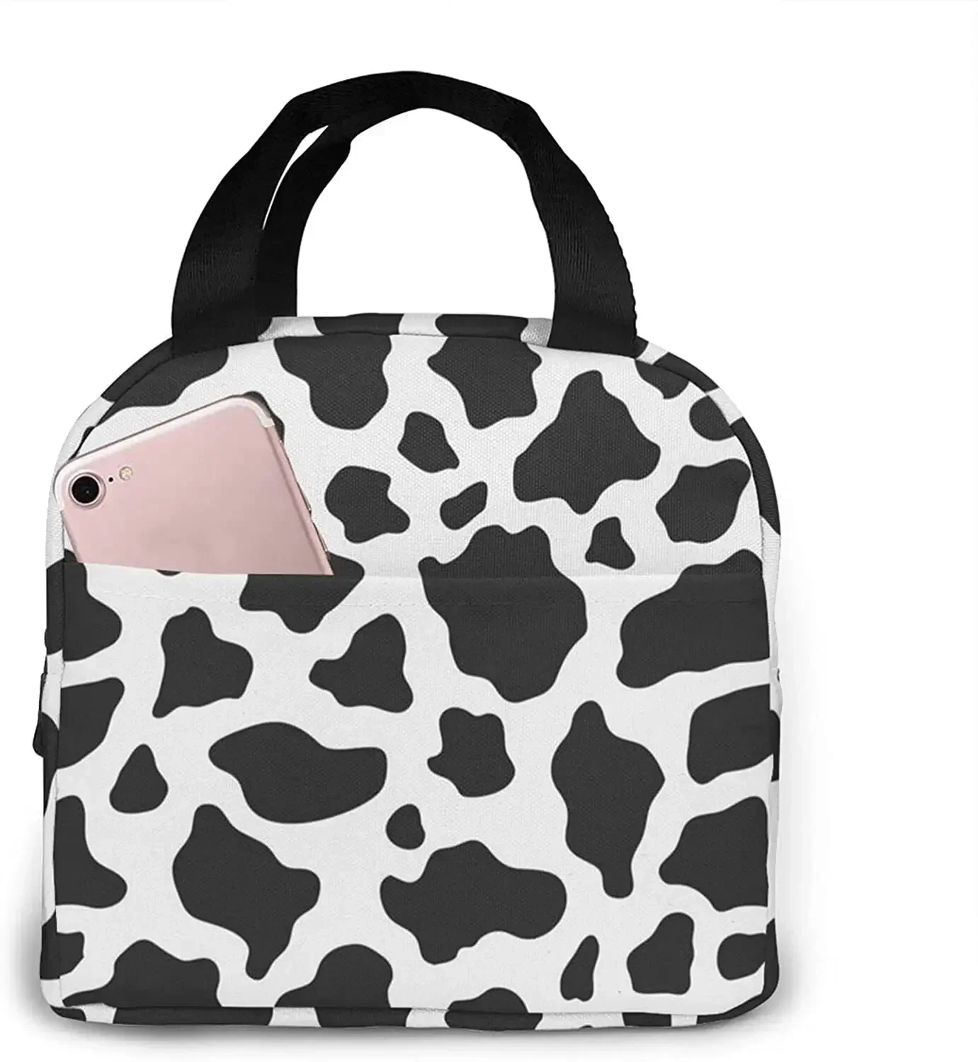 Cow Pattern Portable Lunch Bag Woman Waterproof Tote Shoulder Bags Small Handbags Purses Shopping Office School Picnic Camping