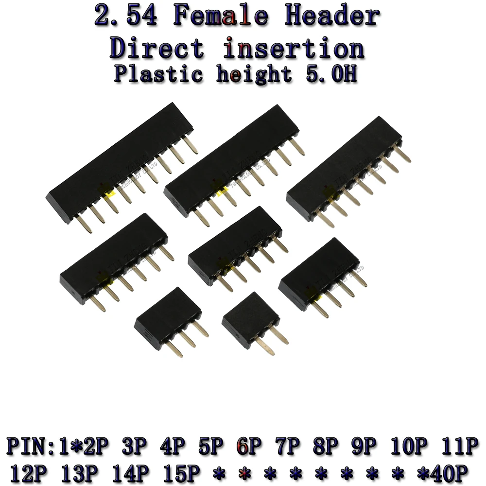 10PCS H5.0 2.54mm Pitch Single Row Female 2~40P PCB socket Board Pin Header Connector Strip Pinheader 1X2/4/6/10/12/16/20/40Pin