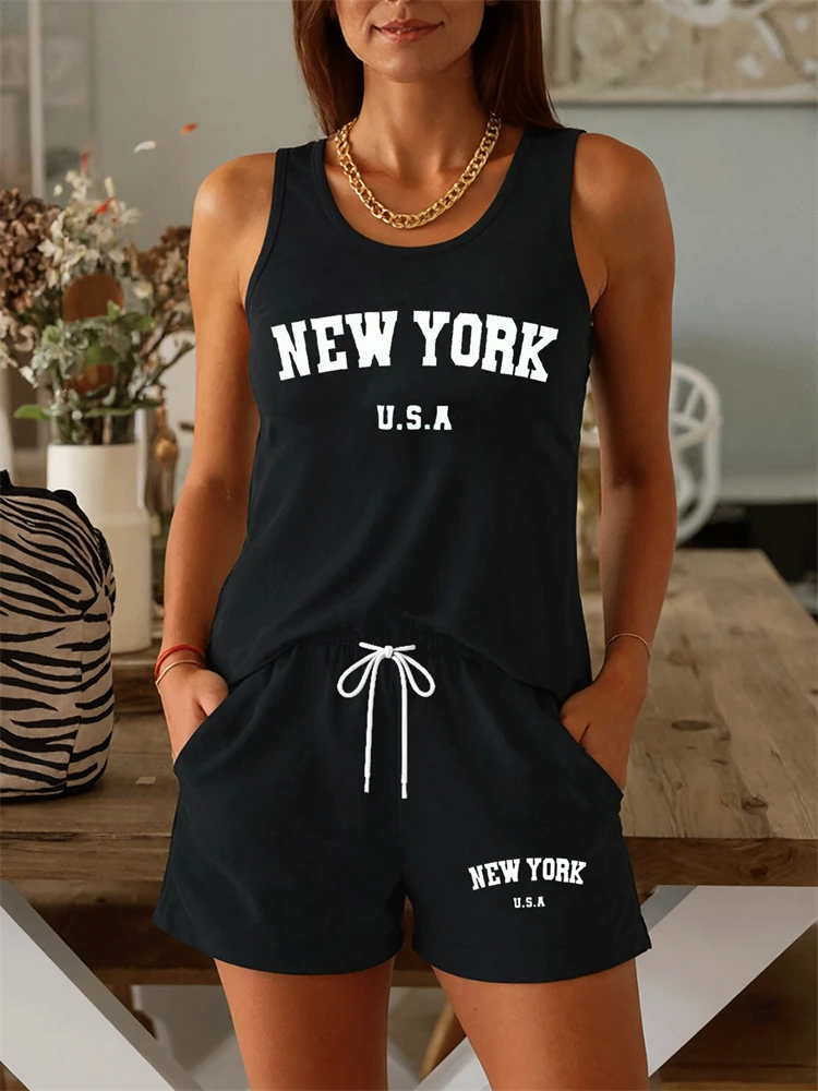 Women's Summer Minimalist Letter-Print Round-Neck Tank Top Set Sleeveless Fashionable Casual Sports Set Comfortable Loungewear