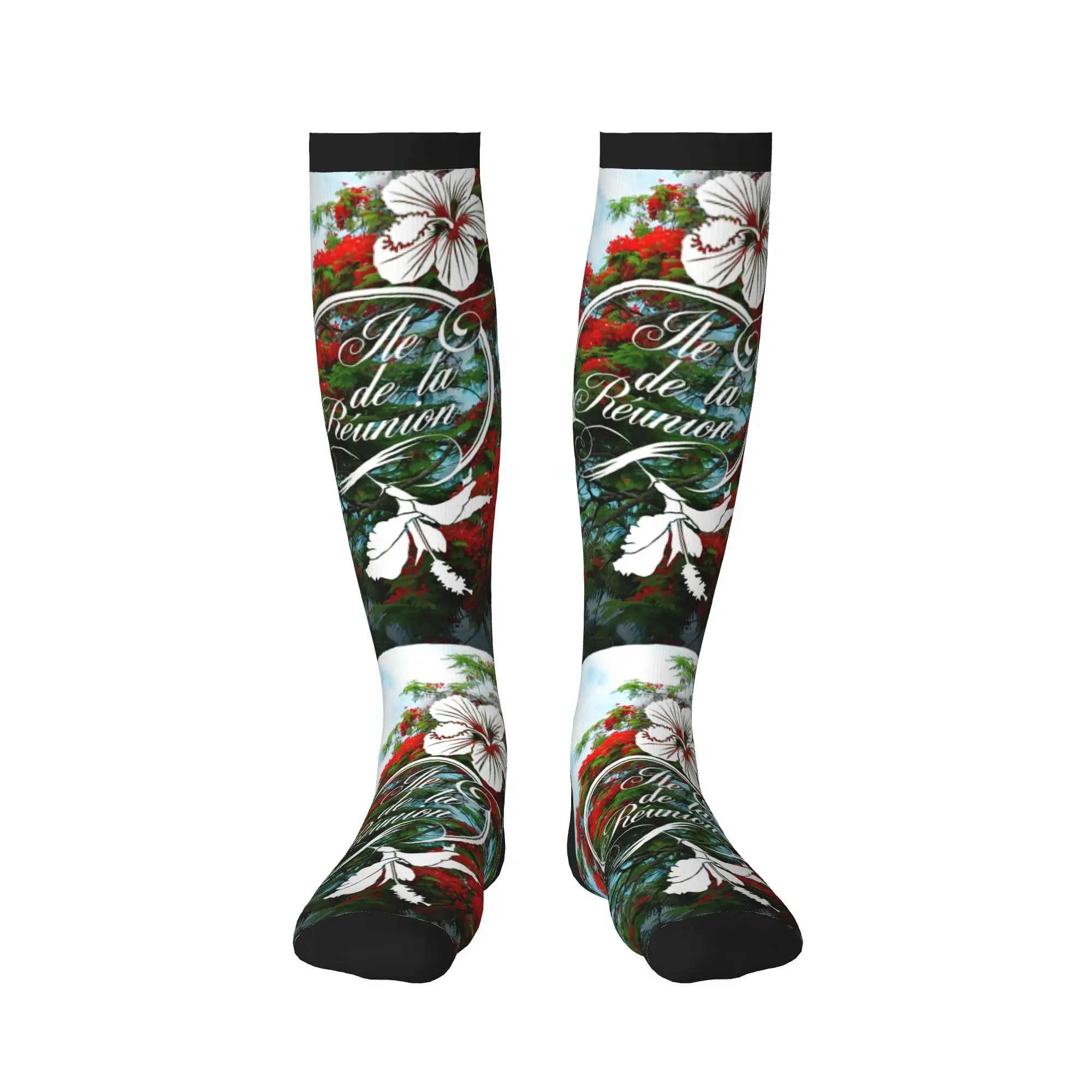974 Reunion Island Men Women Sports Compression Socks Unisex Funny 3D Printing Flamboyant And Hibiscus Dress Socks view 2