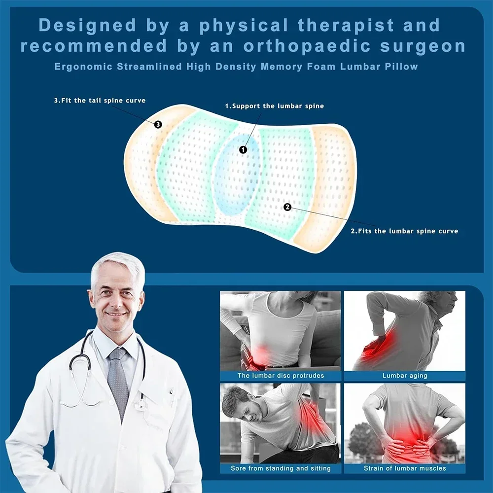 Memória espuma lombar apoio travesseiro, parte inferior das costas, alívio da dor para assentos de carro, cadeiras de escritório, jogos consoles, sofás, recliners, camas