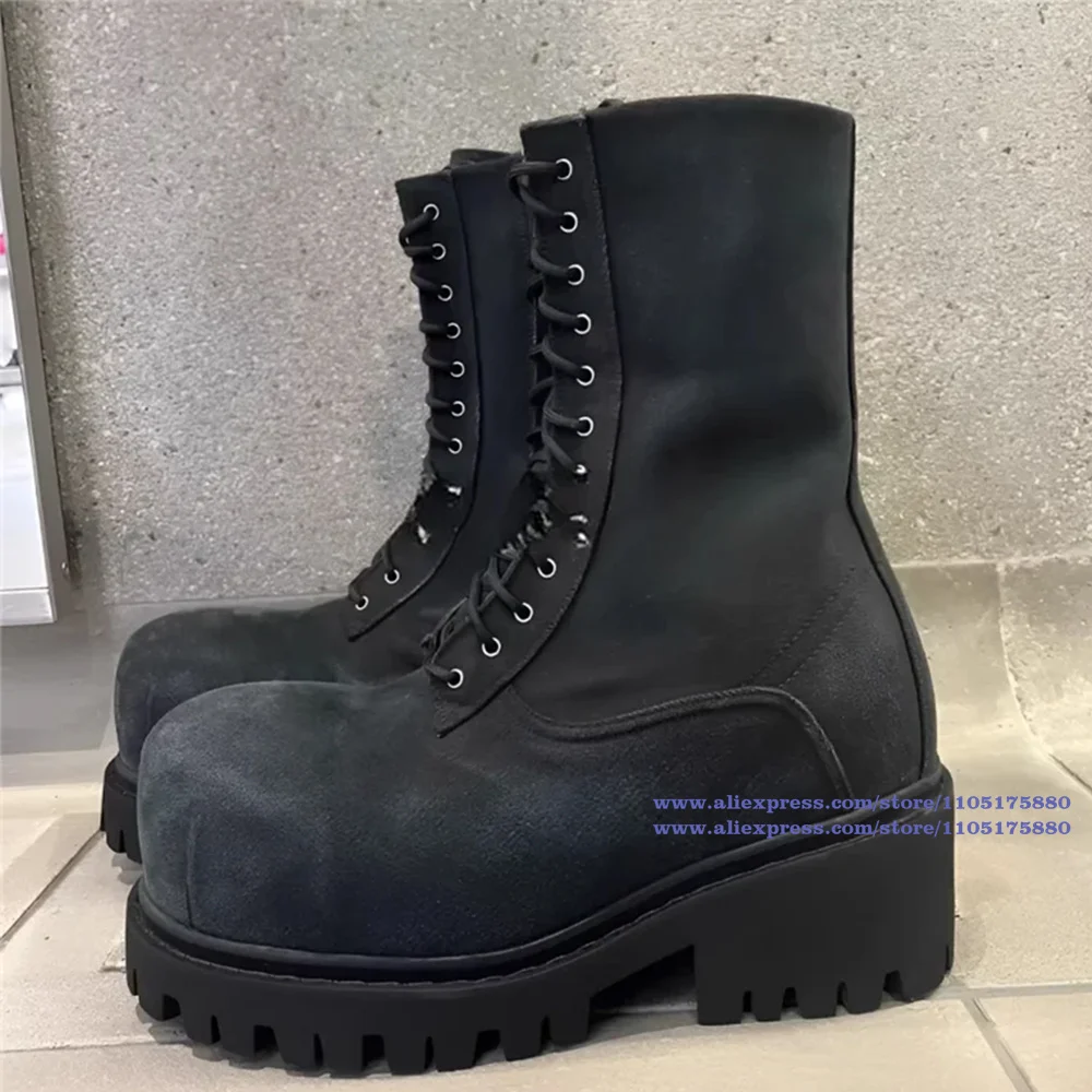 

Black Denim Motorcycle Men's Boots Vintage Style Round Toe Height-Increasing Side Zipper Boots Designer Men's Shoes Botas Mujer