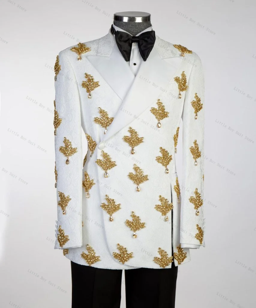 

White Crystals Men Suit Set 2 Piece Wedding Tuxedo Jacquard Jacket Blazer Pant Black Cotton Formal Office Party Coat Customized