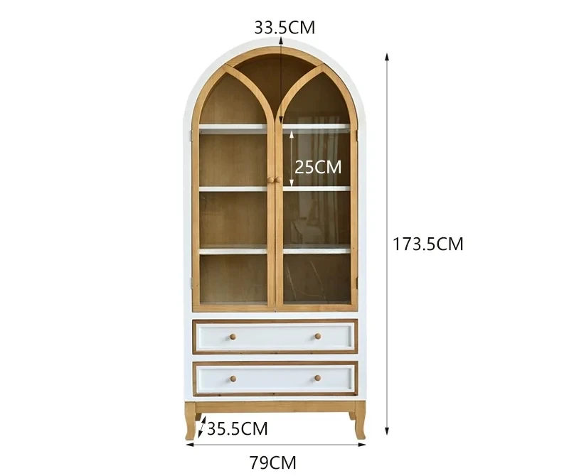 Solid wood retro two-door wine cabinet living room arched with glass display cabinet floor-to-ceiling multi-layer bookcase