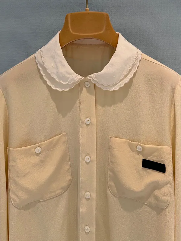 Commute Style Doll Collar Long Sleeve Women's Shirt Double Pocket Design Youthful Top Korean Loose Fit Regular Length Button ...