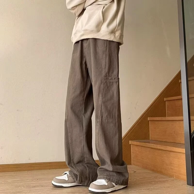 Autumn Y2K Vintage Multi-pocket Straight Cargo Jeans For Man Causal Wide-leg Baggy Denim Pants High Street Fashion Washed Jean
