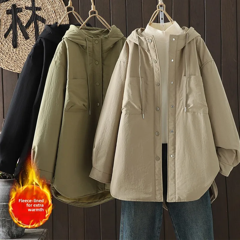 

Осень-зима, новое легкое свободное хлопковое пальто средней длины с капюшоном, однотонное женское пальто на пуговицах хорошего качества