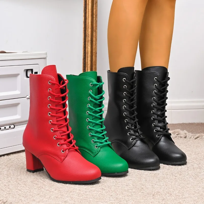 Oberschenkelstiefel mit erhöhter Schnürung, neue 2025, britische mittelhohe Stiefel mit hohen Absätzen