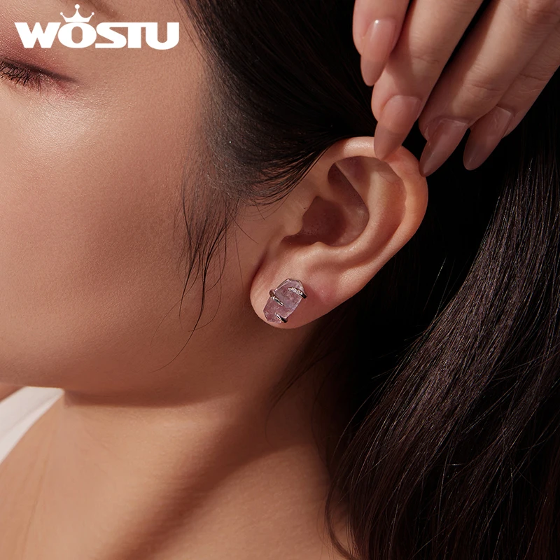 WOSTU Purple Amethyst Raw Crystal Stud Earrings for Women, Platinum Plated s925 Silver Post Geometric Natural Stone Jewelry Gift