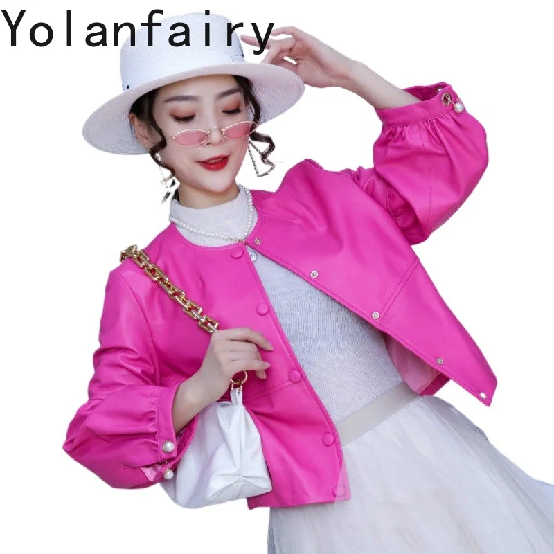YOLANFAIRY Short Genuine Sheepskin Leather Jacket Women 2026 Autumn  Pink Real Leather Coat Lantern Sleeve Cropped Outerwear