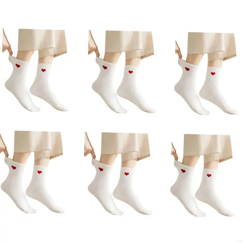 L38E 6 Pairs Heart Printed Middle Cotton Socks Breathable Unisex Pair For Sports Outdoor Activity