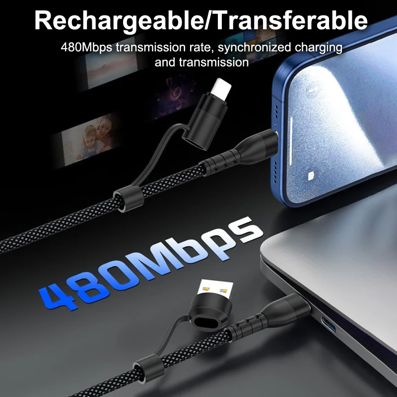 4 en 1 100W USB Type C à Type C câble Lightning câble de données de charge rapide cordon de tissage de tablette