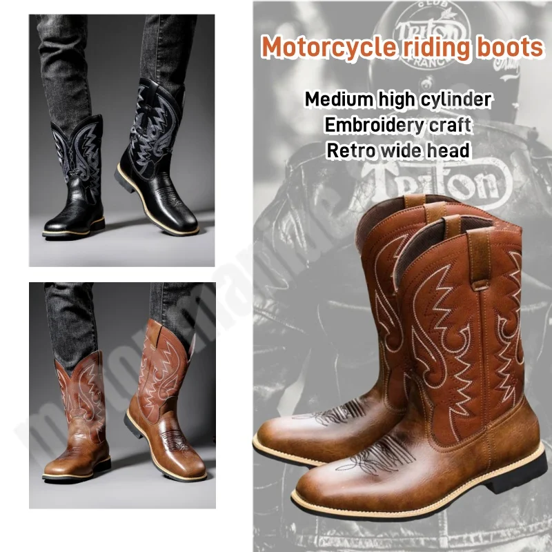 

Motorcycle High Boots Retro Style Wide Toe Western Cowboy Boots Motorcycle Rider Square Toe Boots Embroidery Craftsmanship