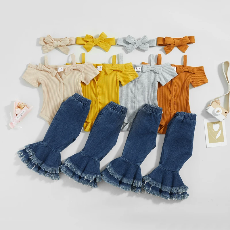 

Newborn Baby Girl Clothes Summer 3Pcs Outfit Set Short Sleeve Ribbed Romper+Denim Flare Pants Outfit+Head Band Infant Clothing