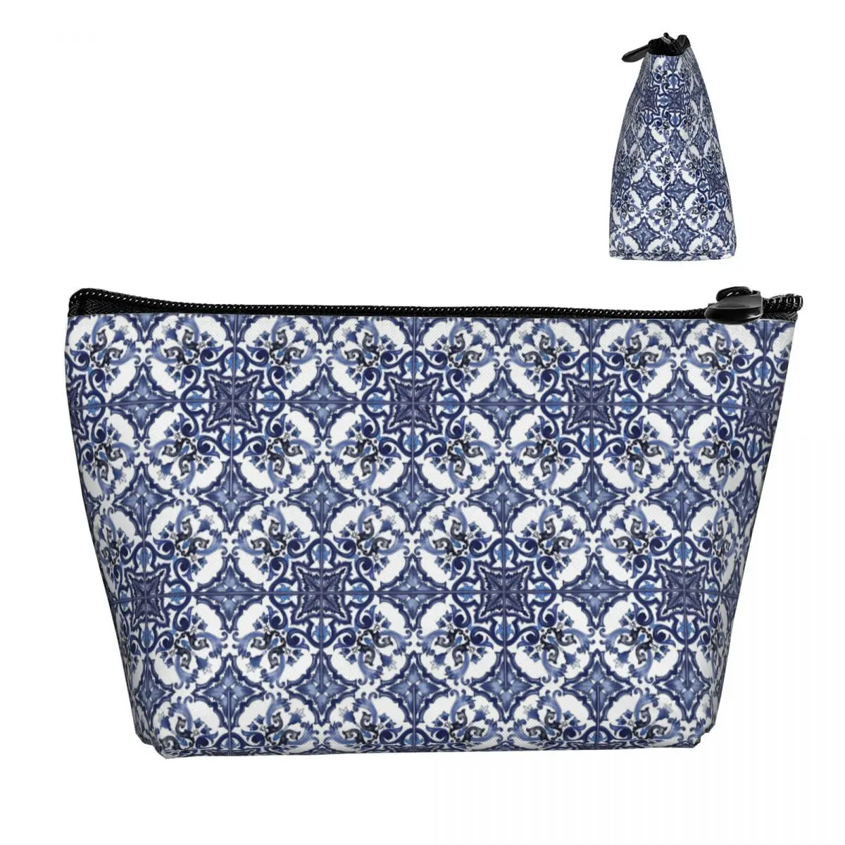 Borsa per cosmetici da viaggio con piastrelle siciliane mediterranee floreali ornate blu Custodia per cosmetici Organizzatore portatile per le donne Regalo femminile