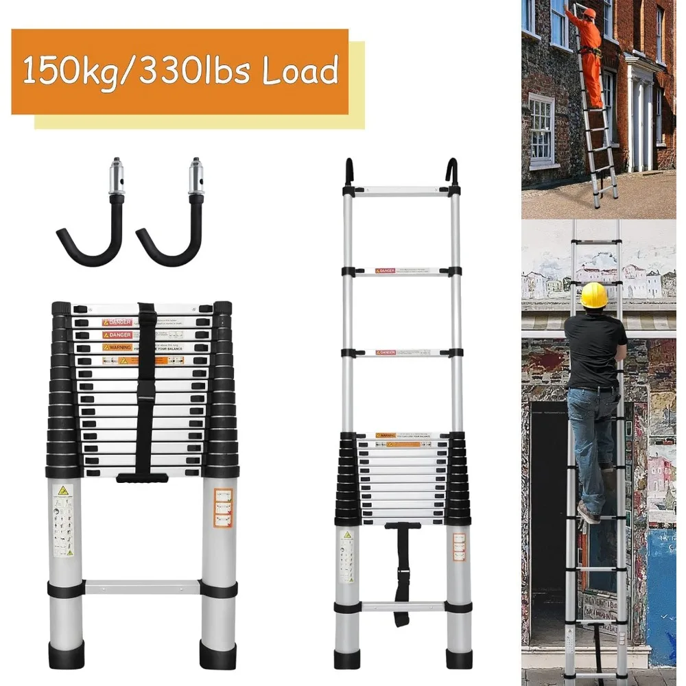 سلم تصغير من الألومنيوم بطول 14.4 قدم مع خطافات قابلة للإزالة، ارتفاع قابل للتعديل، معتمد من EN131، سعة تحميل 330 رطل، قابل للطي محمول #4