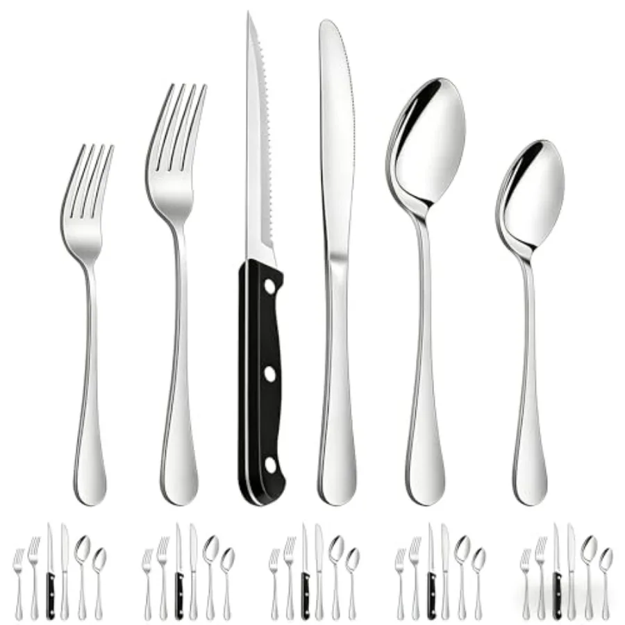 

Imlucky Cutlery Set with Steak Knives: 36-Piece Stainless Steel Cutlery Set with Spoons, Forks and Cu