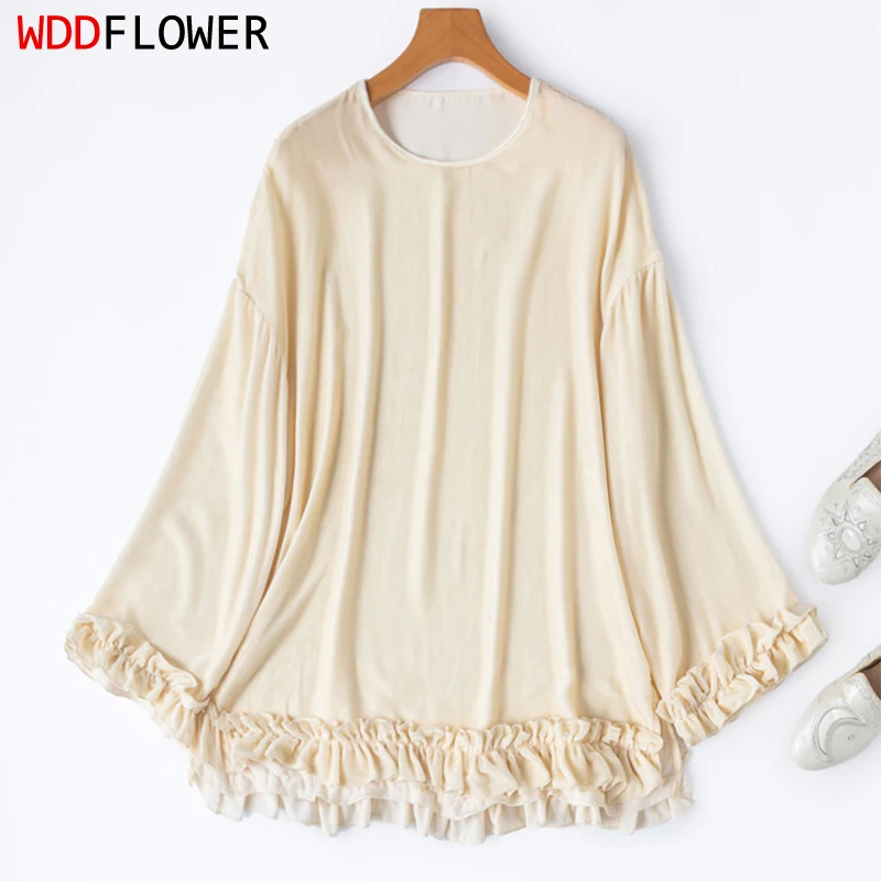 

Women Silk Velvet Blouse 100% Mulberry Silk Lining Loose Type Cream-white Long Sleeve Shirt Top Pullover Office Lady M1482