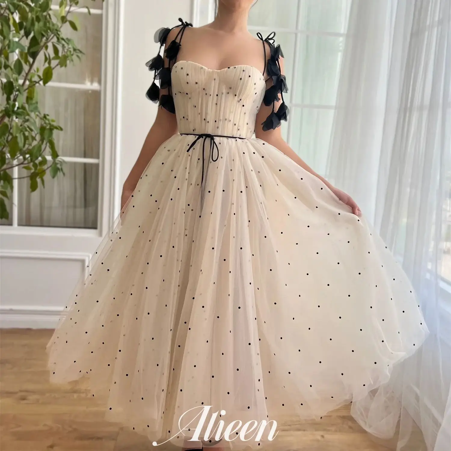 

Aileen Champagne Sweetheart Black Dots A-line Chubby Elegant Party Dresses Woman Evening Gala Prom Wedding Dress 2024 Graduation