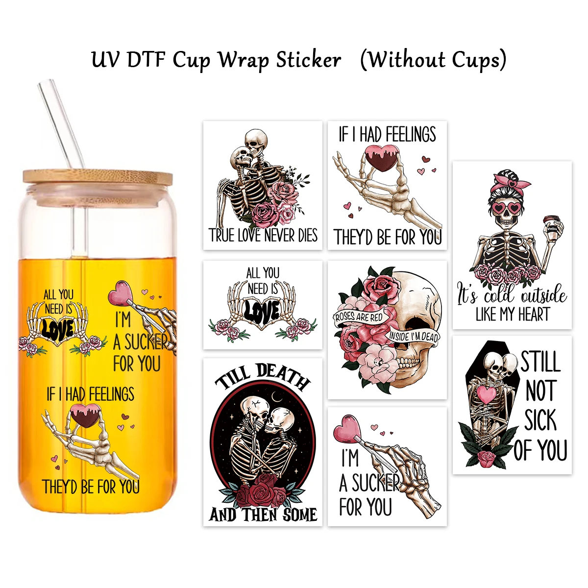 8 Stück Valentinstag UV Dtf Cup Wrap Aufkleber mit Gothic Skull&Rose Design, Dekor für Tassen, Gläser, Wasserflaschen, DIY-Geschenkverpackung